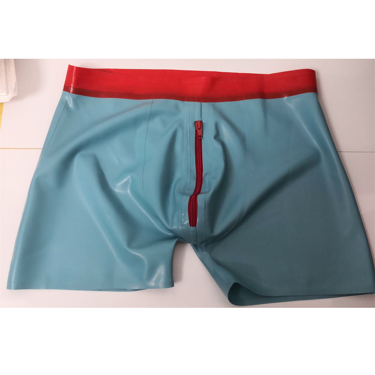 0.4mm Latex Shorts Rubber Boxer Lake Blue with Front Zip | Men’s Sexy Latex Underwear