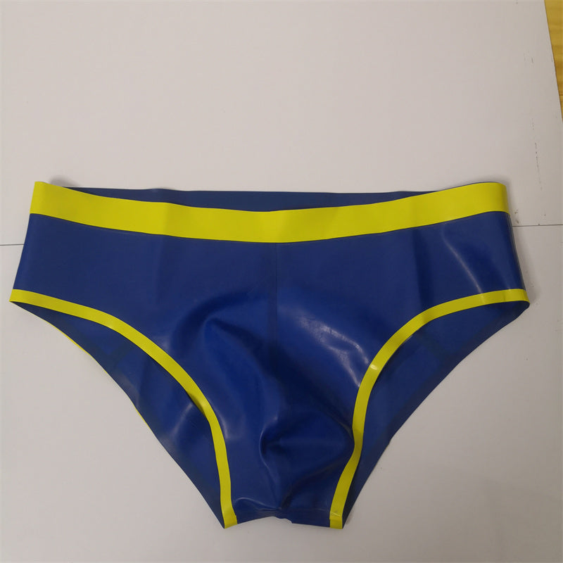 0.4mm Latex Shorts Rubber Briefs Blue Yellow Trim Men’s Latex Underwear