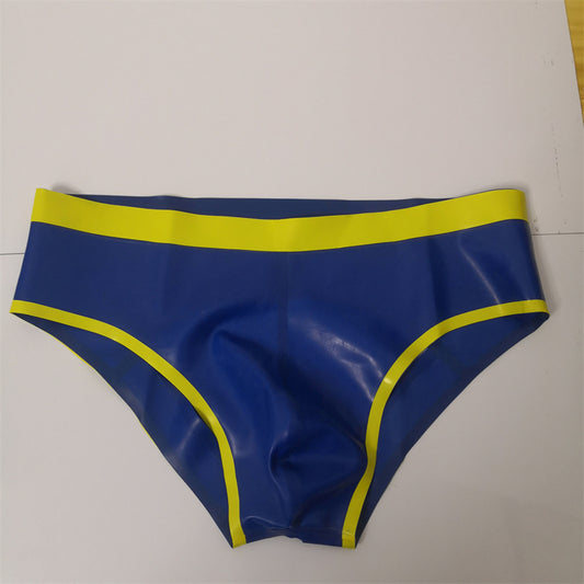 0.4mm Latex Shorts Rubber Briefs Blue Yellow Trim Men’s Latex Underwear