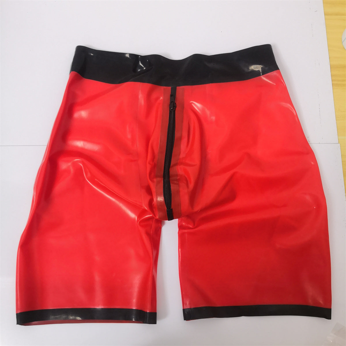 0.4mm Latex Shorts Rubber Boxer Black with Red 2 way zip | Men’s Latex Underwear
