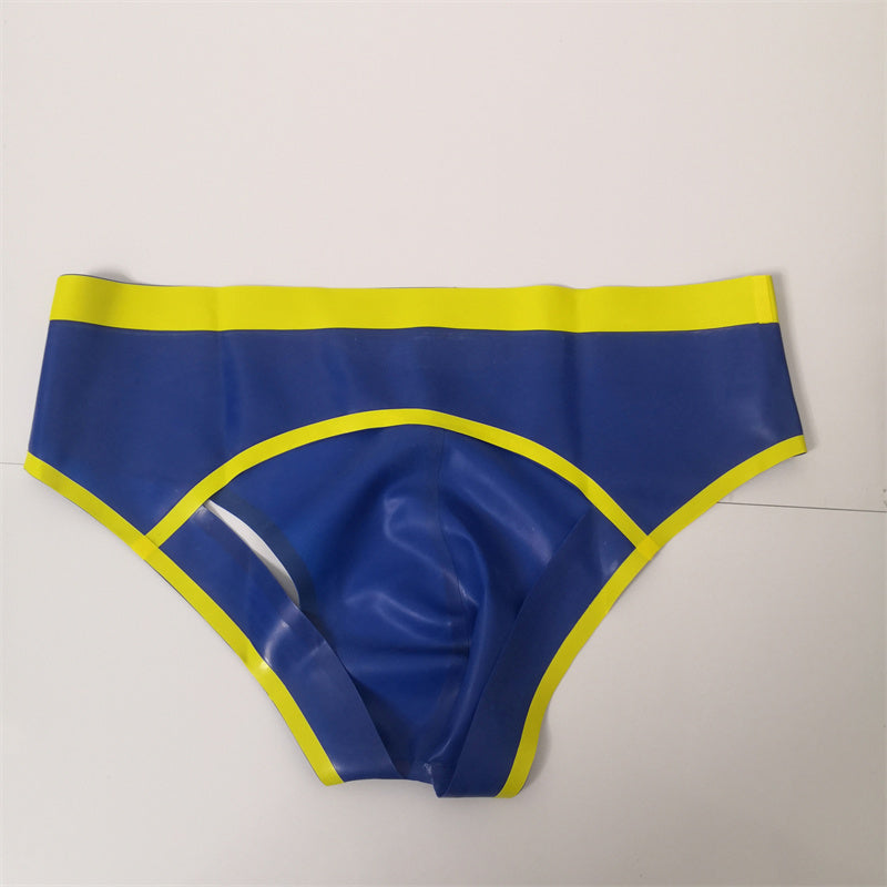 0.4mm Latex Shorts Rubber Briefs Blue Yellow Trim Men’s Latex Underwear