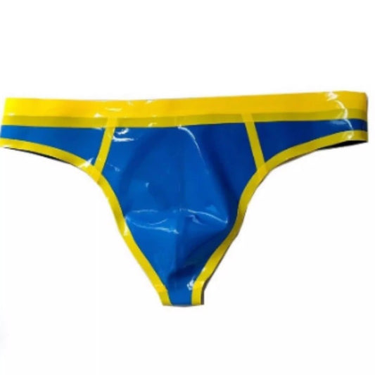 0.4mm Latex Shorts Rubber Briefs Blue with Yellow | Men’s Sexy Latex Underwear